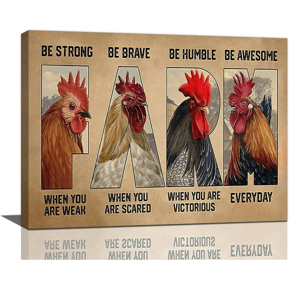 Farmhouse Chicken Wall Art Country Roosters Pictures Rustic Chicken Decor Canvas Painting Roosters Decorations Framed Artwork for Kitchen Bedroom Living Room 16"x12"