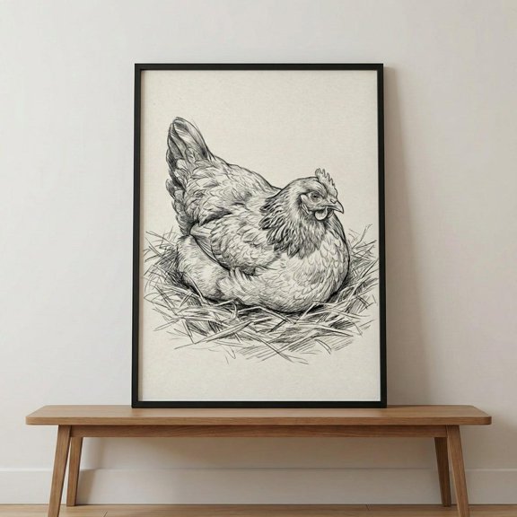 Farmhouse Chicken Wall Art, Hen Drawing Print, Country Kitchen Decor, Unframed Paper Poster 8x10in