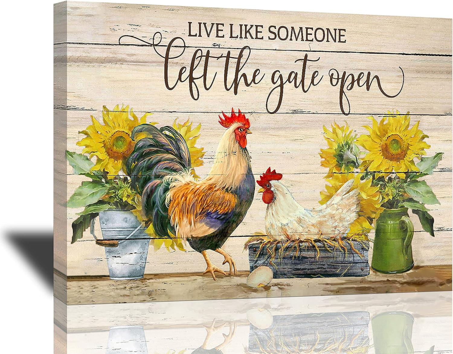 Farmhouse Chicken Wall Art Rooster Sunflowers Pictures Kitchen Decor  Motivational Quotes Canvas Painting Rustic Country Flowers Poster Framed  Artwork for Kitchen Living Room 16\, image size:1500x1172