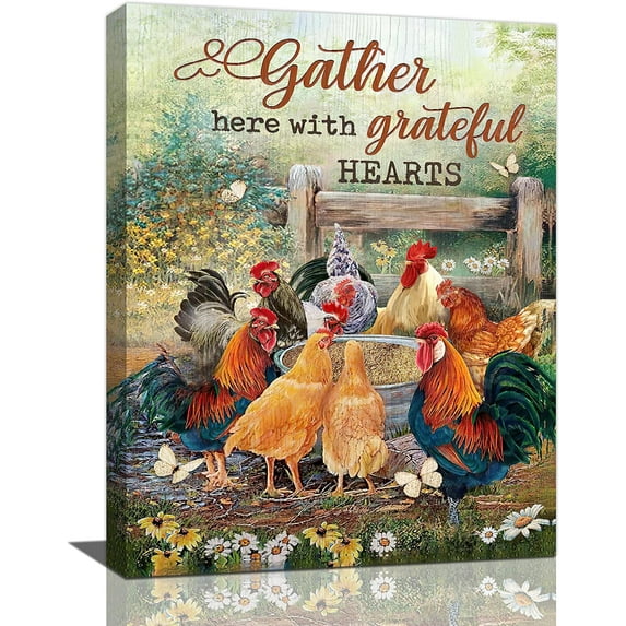 Farmhouse Chicken Wall Art Rustic Rooster Hen Canvas Print Country Rooster Kitchen Pictures Wall Decor Positive Quotes Painting Artwork Home Decoration for Kitchen Dining Room Living Room 12"x16"