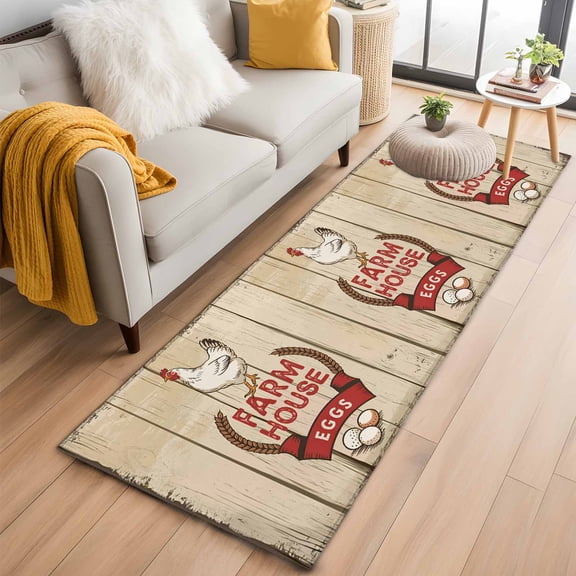 Farmhouse Chicken Washable Runner Rugs 2'x6', Country Retro Farm Barn Eggs Wood Grain Low Pile Throw Entryway Rug Non-Slip Sturdy Edge Binding Carpet for Indoor Bedside Entrance Bedside