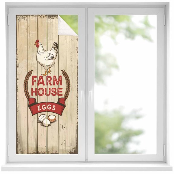 Farmhouse Chicken Window Privacy Film, Country Retro Farm Barn Eggs Wood Grain Frosted Glass Window Clings Static Cling UV Heat Blocking Reusable Door Sticker for Bathroom 19.6 x 39.3 Inch