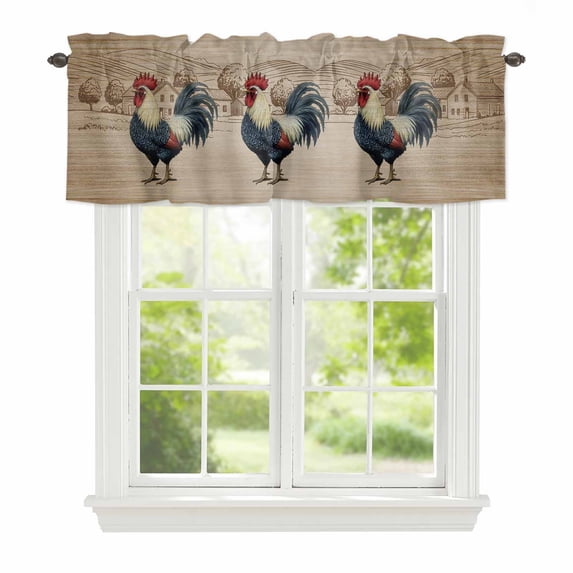 Farmhouse Chicken Window Valance for Kitchen, Vintage Barn Country Tree Valley Wood Grain Rod Pocket Short Curtain for Small Windows, Light Filtering Decorative Valance, 42 x 18 Inch, 1 Panel