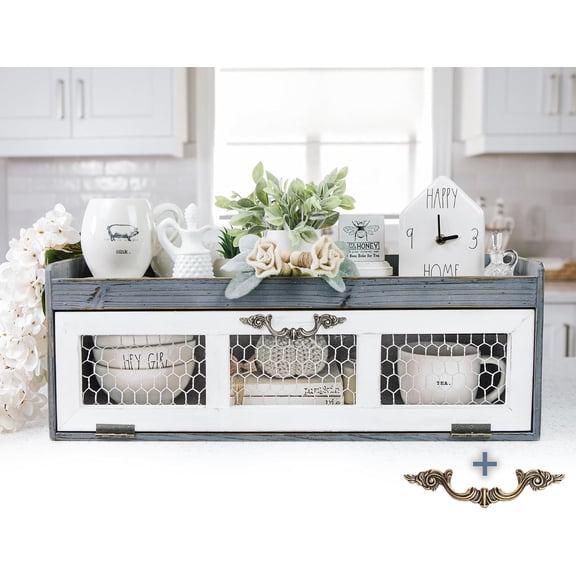 Farmhouse Chicken Wire Countertop Shelving Organizer, Decorative Kitchen Pantry Storage Cabinet, Rustic Counter Storage Display, Country Kitchen Island Decor (Dusty Blue Gray)