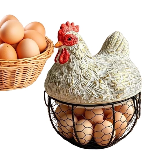 Farmhouse Chicken Wire Egg Basket with Resin Lid Vintage Countertop Storage Holder for Kitchen, Home, and Market