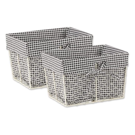 Farmhouse Chicken Wire Storage Baskets with Liner, Medium, Antique Black & White Gingham Check, 11x7.88x7", 2 Piece