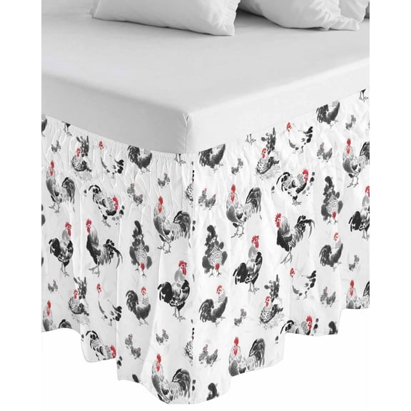 Farmhouse Chicken Wrap Around Bed Skirts for Queen Bed 16" Drop, Bed Skirt with Adjustable Elastic Belt Dust Ruffle Bed Valance for Bedroom Hotel Luxury Retro Pastoral Feathers Animal Bed Frame Cover
