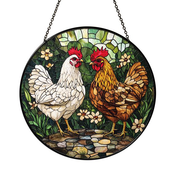 Farmhouse Chicken and Rooster Stained Glass Style Suncatcher, Round Window Hanging Art Panel for Rustic Kitchen Home