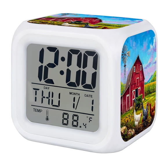 Farmhouse Chickens Digital Alarm Clock for Bedrooms, Smart LED Alarm Clock with 7 Color Changing Night Light, Red Barn Rooster Country Silent Wake Up Clocks for Sleep Study Cooking 3.2"x3.2"