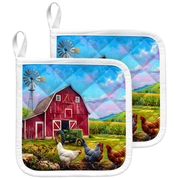Farmhouse Chickens Pot Holders for Kitchen Heatproof Potholder, 2 Pack Red Barn Rooster Country Hot Pads Multipurpose Oven Pads Terry Cloth Potholders Trivet for Cooking and Baking