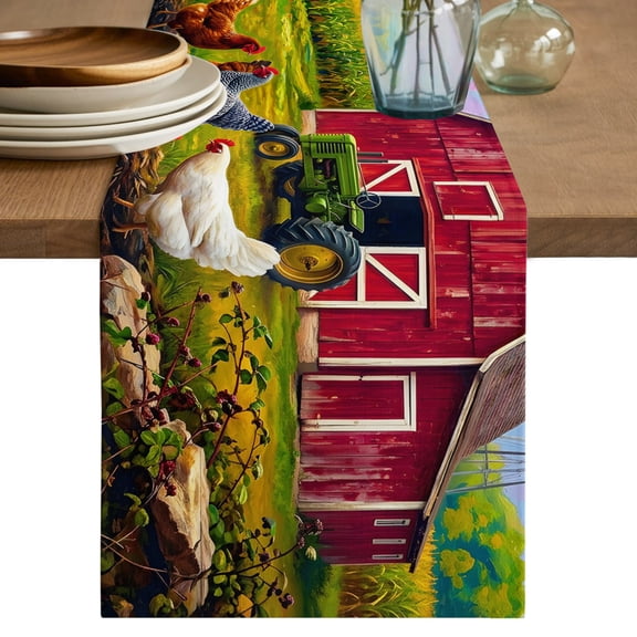 Farmhouse Chickens Short Table Runner 36 Inches Long, Red Barn Rooster Country Cotton Linen Table Runners Dresser Scarves, Fabric Tabletop Scarf Furniture Cover for Home Dinner Party Decor 13"x36"