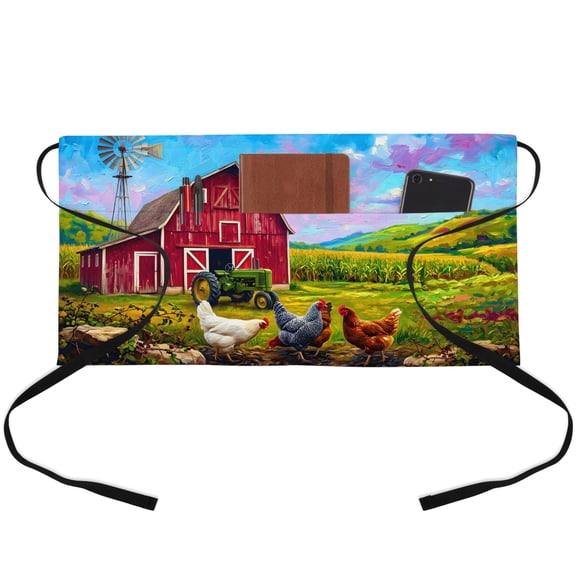 Farmhouse Chickens Waitress Apron with 3 Pockets, Red Barn Rooster Country Server Aprons Waterproof Kitchen Restaurant Half Waist Apron for Men Women