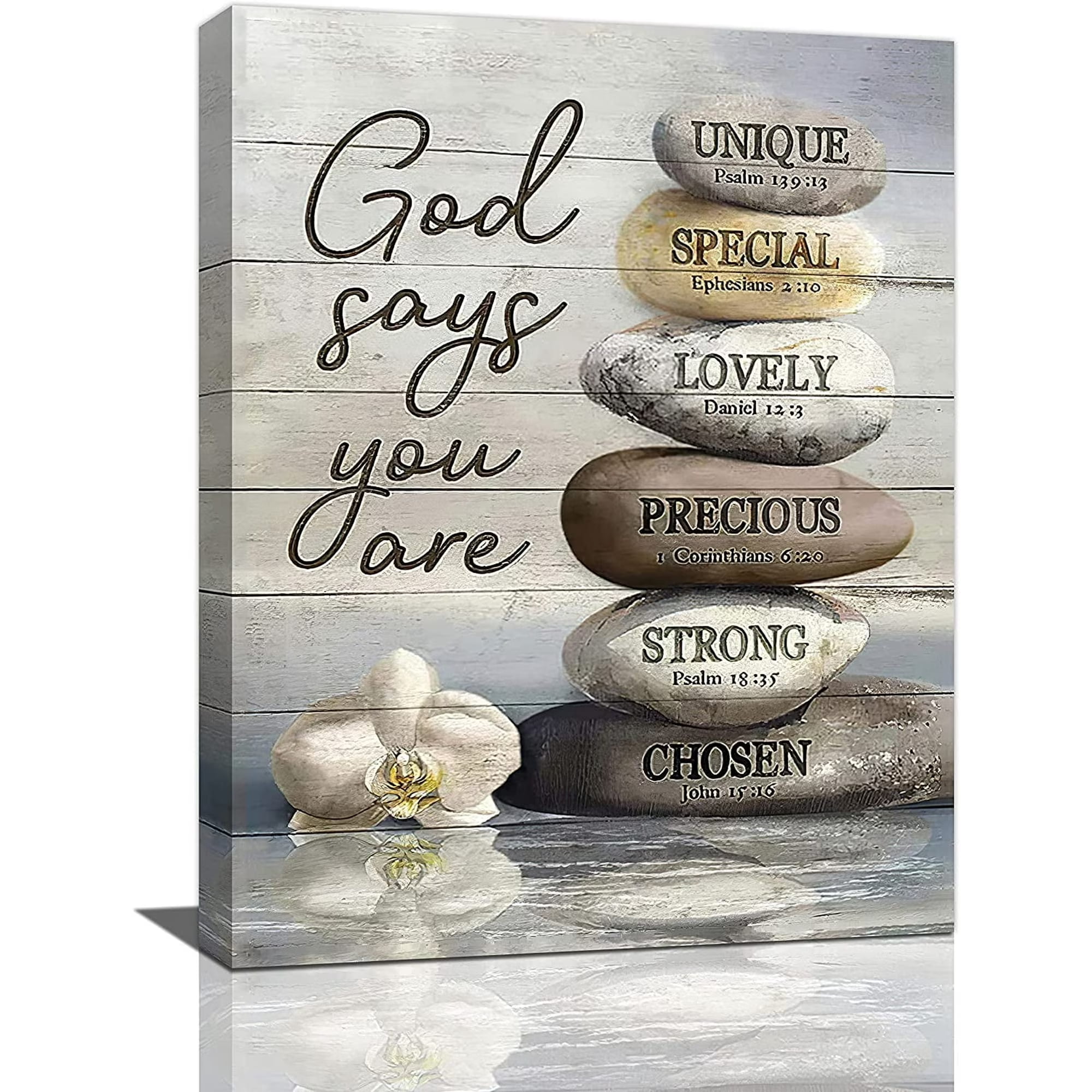 Farmhouse Christian Canvas Wall Art – God Says You Are Bible Verse Print with Zen Stacked Stones, Inspirational Scripture Framed Decor for Bathroom, Bedroom, Living Room or Office