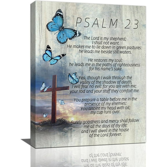 Farmhouse Christian Psalm 23 Wall Art Scripture Bible Verse Wall Decor Country Religious Butterfly Cross Canvas Prints Painting Poster Artwork for Living Room Bedroom Bathroom Church 12"x16"