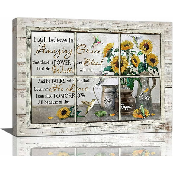 Farmhouse Christian Wall Art Rustic Sunflower Pictures Wall Decor Country Scripture Painting Bible Verse Religious Amazing Grace Canvas Prints Modern Framed Home Decor for Bathroom Bedroom 16"x12"