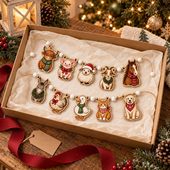 Farmhouse Christmas Animals Ornament Wooden Garland Mantel Decor