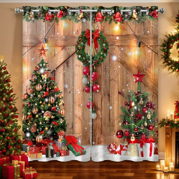 Farmhouse Christmas Black Out Window Curtains, Rustic Country Vintage Winter Pine Tree Xmas Ball Gift Snowflake Wood Barn Decor for Bedroom, Living Room, Grommet Window Drapes 2 Panel Set, 52"x84"