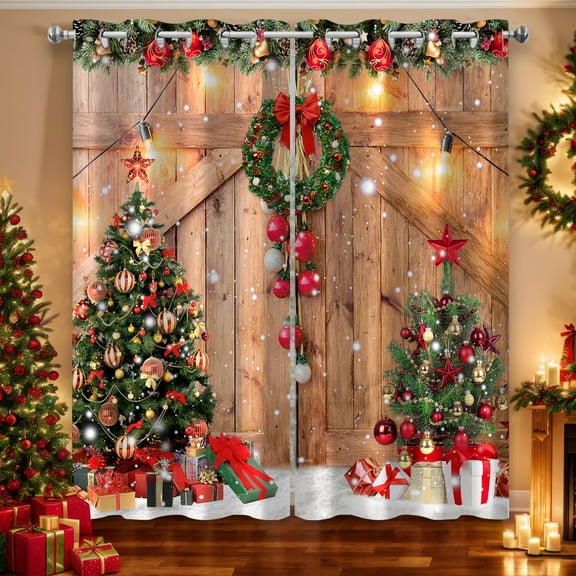 Farmhouse Christmas Black Out Window Curtains, Rustic Country Vintage Winter Pine Tree Xmas Ball Gift Snowflake Wood Barn Decor for Bedroom, Living Room, Grommet Window Drapes 2 Panel Set, 52"x84"