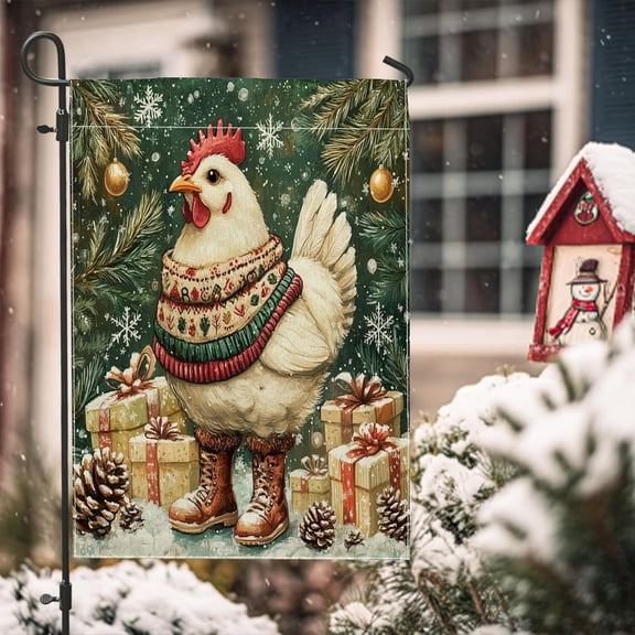 Farmhouse Christmas Chicken Garden Flag 12x18 Inch Vintage Country Vertical Linen Rooster Design for Front Yard Backyard Lawn Outdoor Decoration
