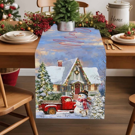 Farmhouse Christmas Cotton Linen Small Table Runner 13 x 48 inch Xmas Tree Truck Snowflake Snowman Non-slip Rectangular Dining Table Decor for Wedding Party Holiday Dinner