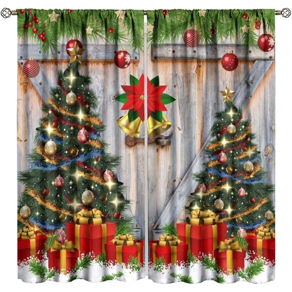 Farmhouse Christmas Curtains, Winter Xmas Tree Rustic Xmas Wooden Barn Door Pattern for Room Window Decor, Rod Pocket Print Blackout Drapes for Living Room Bedroom Kitchen 2 Panel Set 84"W X 84"L
