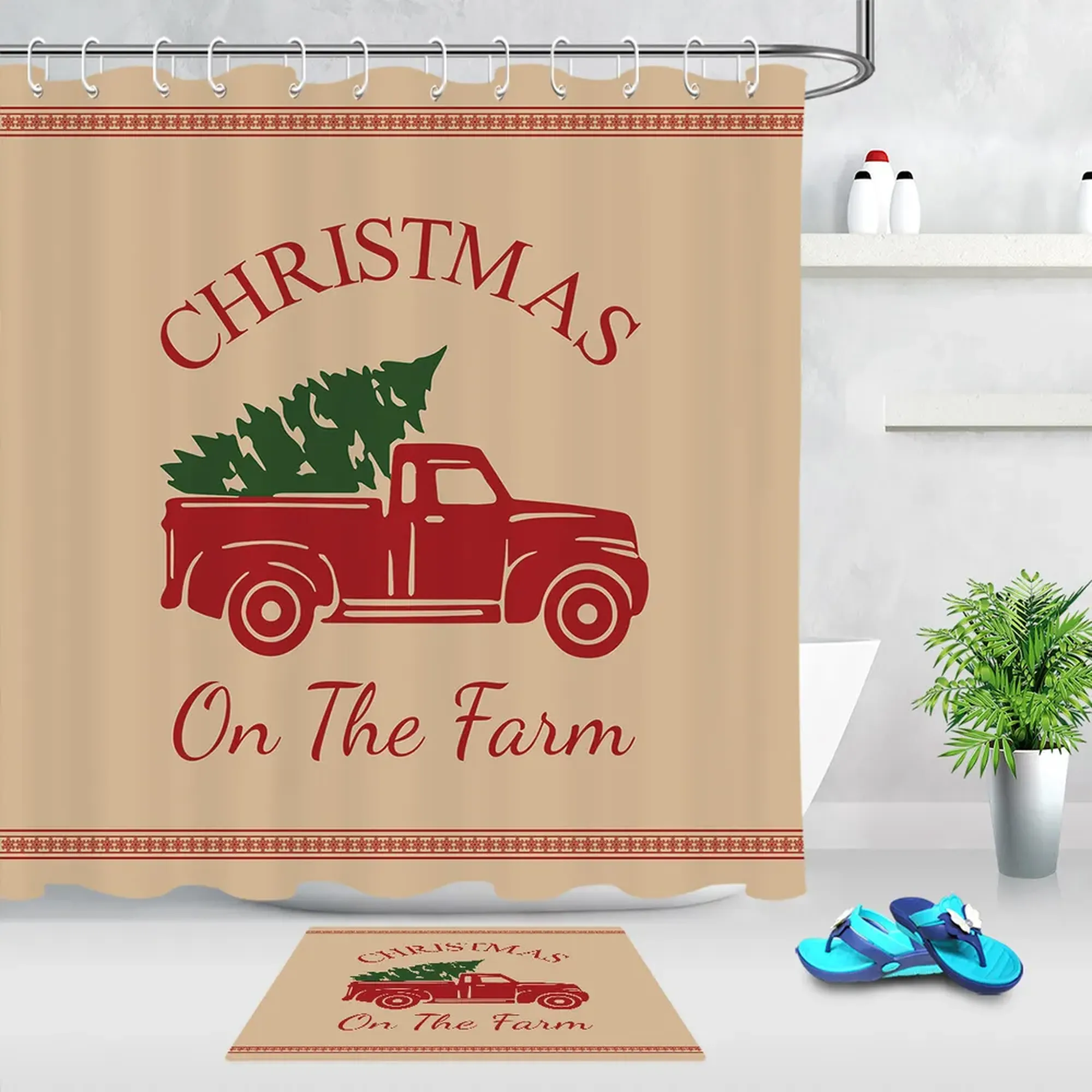 Farmhouse Christmas Decor Red Truck Shower Curtain Rustic Holiday