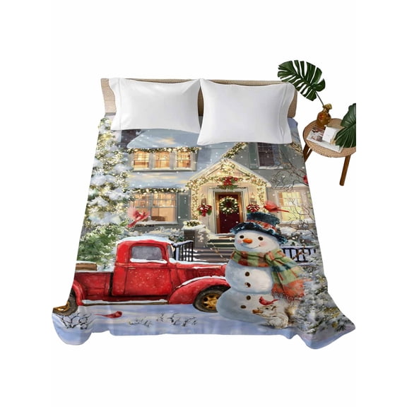 Farmhouse Christmas Flat Sheet Only Twin Size, Soft Breathable Bed Top Sheets for Mattress, Xmas Snowman Tree Truck Snowflake Luxury Bedding Flat Sheets for Home Hotel Bedroom Bed Protection