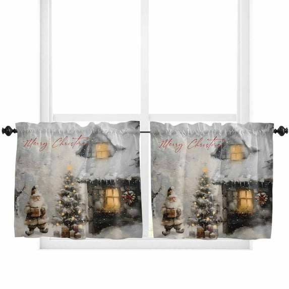 Farmhouse Christmas Kitchen Curtain 2 Panels Tiers Curtains 36 Inch Length, Xmas Santa Snowflake Tree Curtains Rod Pocket Curtains Window Drapes Treatment Window Cafe Curtains