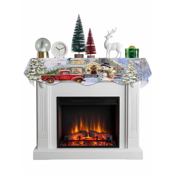 Farmhouse Christmas Mantel Scarf Fireplace Decorations for Living Room, Xmas Snowman Tree Truck Snowflake Fireplace Mantel Scarf Cover Runner for Halloween/Thanksgiving/Christmas Decor 60"x17"