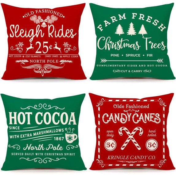 Farmhouse Christmas Pillow Covers 18x18 Set of 4 Winter Holiday Decorations Xmas Red Green Rustic Throw Cushion Case for Sofa Couch Home Decor (Sleigh Rides, Farm Fresh Tree, Cocoa, Candy Canes)
