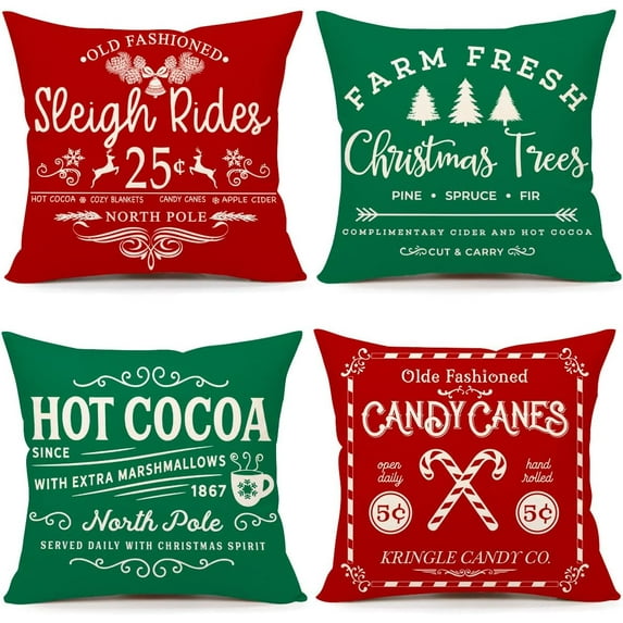 Farmhouse Christmas Pillow Covers 18x18 Set of 4 Winter Holiday Decorations Xmas Rustic Throw Cushion Case for Sofa Couch Home Decor (Sleigh Rides, Farm Fresh Tree, Cocoa, Candy Canes)