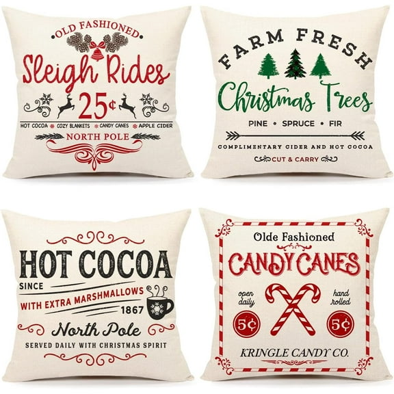 Farmhouse Christmas Pillow Covers 18x18 Set of 4 Winter Holiday Decorations Xmas Rustic Throw Cushion Case for Sofa Couch Home Decor (Sleigh Rides, Farm Fresh Tree, Cocoa, Candy Canes)