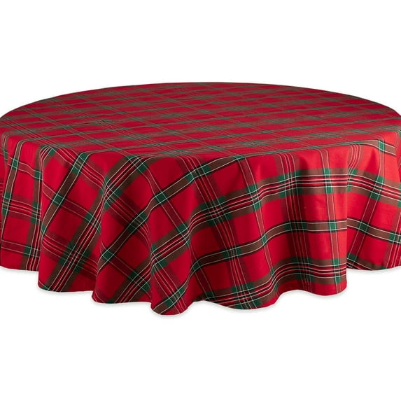 Farmhouse Christmas Plaid Dining Table & Kitchen Décor, Holiday Tablecloth, 70" Round, Red & Green