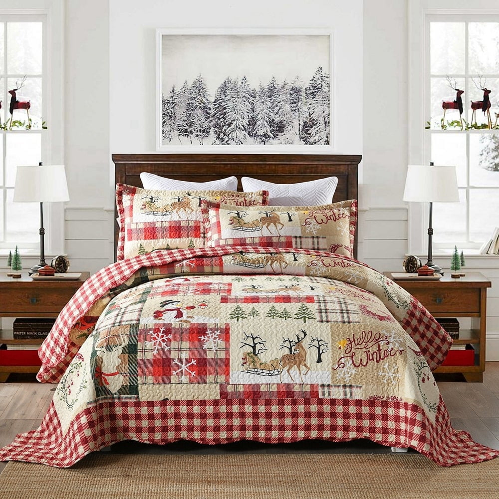 Farmhouse Christmas Rustic Plaid Santa s Sleigh Reindeer King Quilt Set 3 Piece Bedding