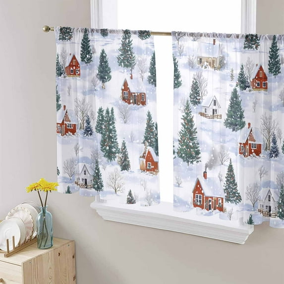 Farmhouse Christmas Sheer Curtains 54 Inches Length 2 Panels Set, Window Sheer Curtains for Living Room/Bedroom, Green Xmas Tree Snowflake Light Filtering Rod Pocket Curtain 52'' x 54'' x 2