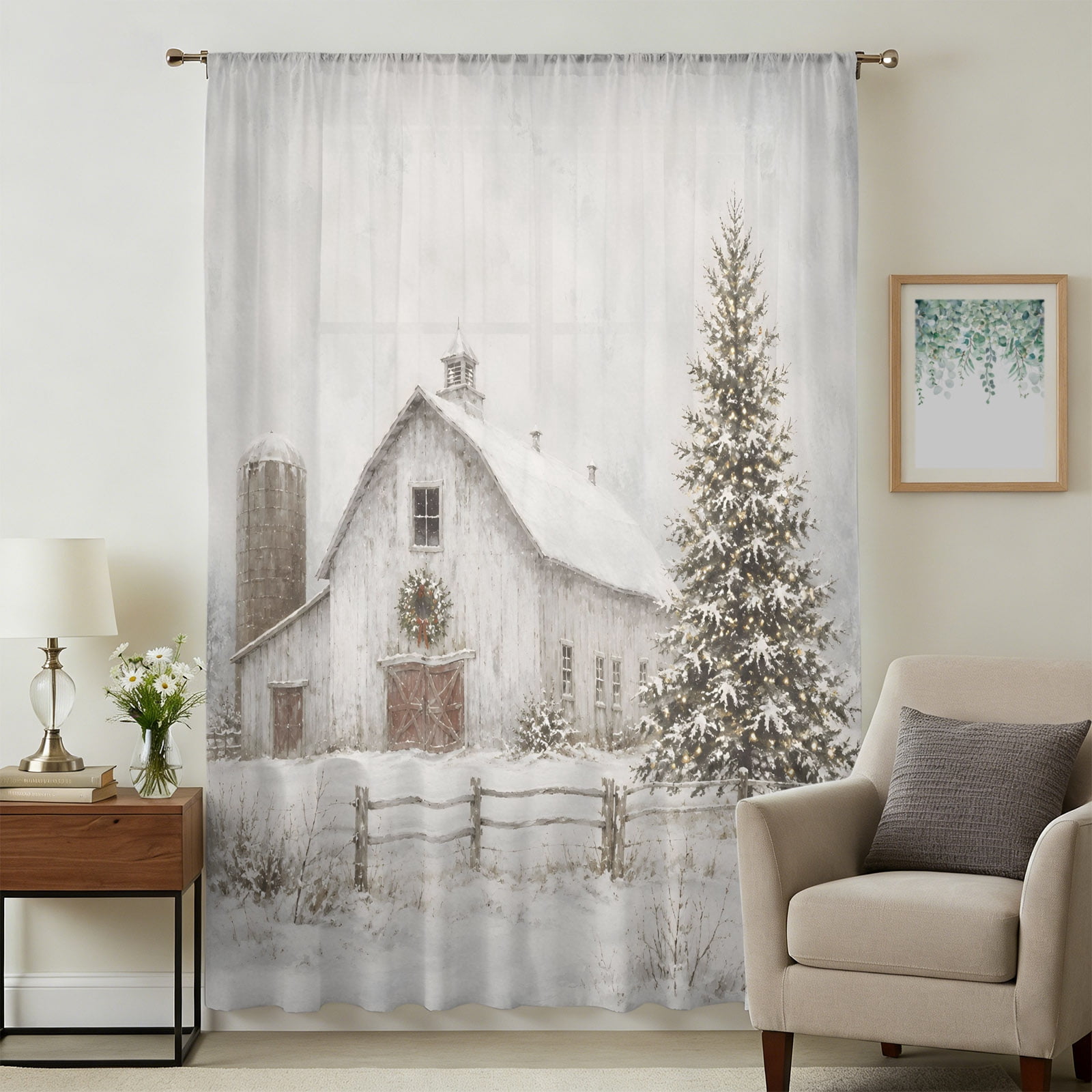 Farmhouse Christmas Sheer Curtains 54 Inches Long, Winter Barn Xmas