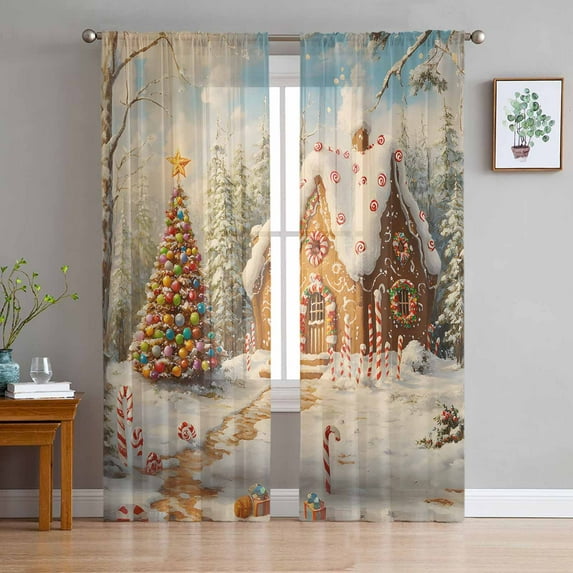 Farmhouse Christmas Sheer Curtains 96 Inches Long 2 Panels Set, Window Sheer Curtains for Living Room/Bedroom, Xmas Tree Snowflake Light Filtering Rod Pocket Curtain 52'' x 96'' x 2