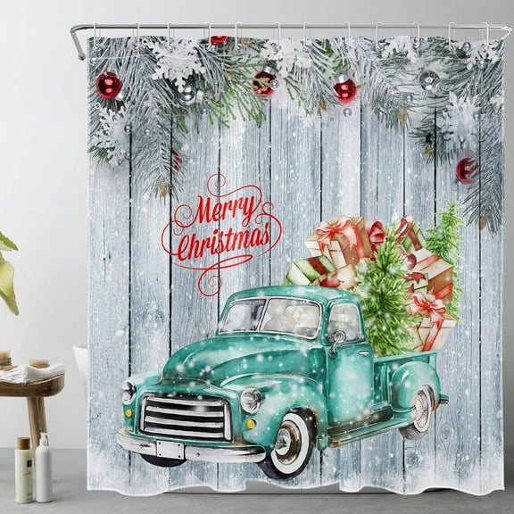 Farmhouse Christmas Shower Curtain for Bathroom, Teal Truck and Gifts on Rustic Wood Grey Shower Curtain with Hooks Winter Snowflake Bathroom Curtains Shower Set, 72L X 72W inches