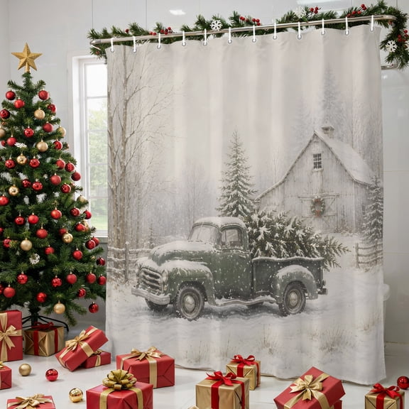 Farmhouse Christmas Shower Curtain for Bathroom, Winter Truck Xmas Pine Tree Barn Waterproof Fabric Shower Curtain with 12 Hooks, Bathroom Curtain Set for Bathroom Accessories Decor, 36 x 72 Inches