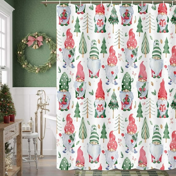 Farmhouse Christmas Shower Curtain Cute Gnomes, Gnomes Holding Xmas Gifts Bathroom Curtain Christmas Pine Tree, Winter Holiday New Year Bathroom Decorations with Hooks 72x72IN