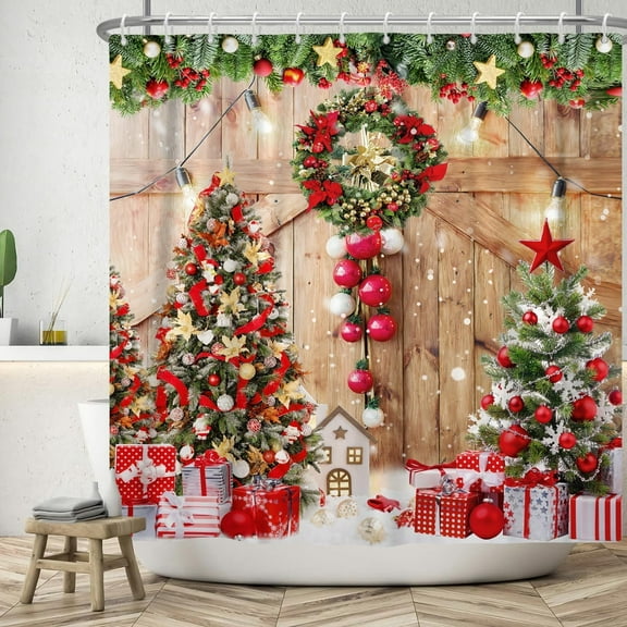 Farmhouse Christmas Shower Curtain Rustic Wood Barn Door Xmas Trees Shower Curtains Country Winter Snowflake Shower Curtain Sets for Bathroom 72x72 in with 12 Hooks