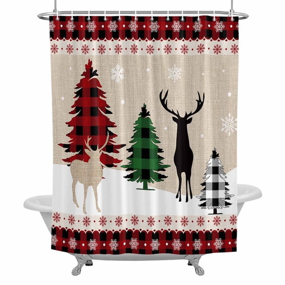 Farmhouse Christmas Shower Curtain Set with Hooks, Rustic Plaid Christmas Tree Snowflakes Waterproof Fabric Bathroom Curtains Decor Home Accessories,Stall 36 X 72 Inch