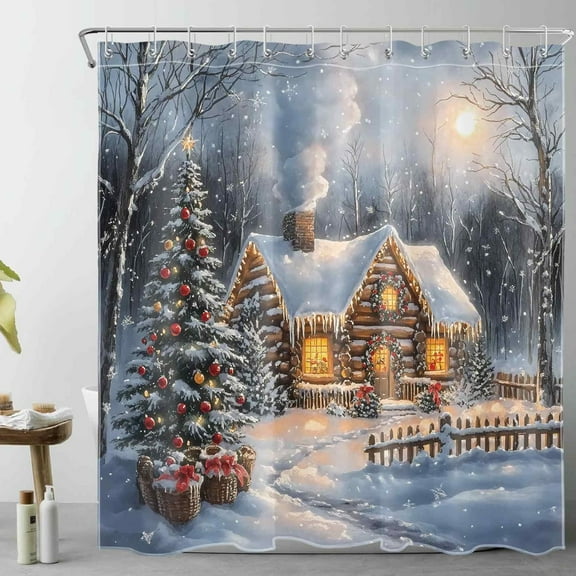 Farmhouse Christmas Shower Curtain White Christmas Village Shower Curtain with Hooks Xmas Snowflake Winter Scene Washable Fabric Shower Curtains for Bathroom-48"W x 72"L (Pack of 1)