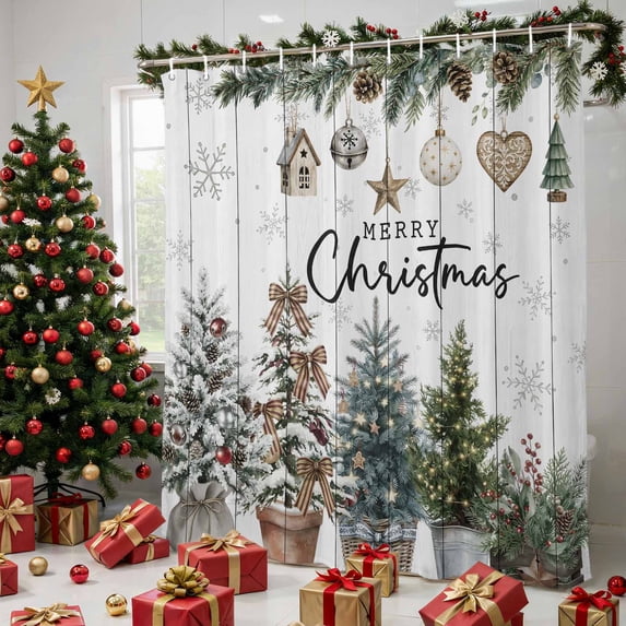 Farmhouse Christmas Shower Curtains for Bathroom, Winter Xmas Tree Pine Fruits Wooden Grain Waterproof Fabric Shower Curtain, Decorative Bathroom Curtain for Bathtub, 72"x72", No Hooks Included