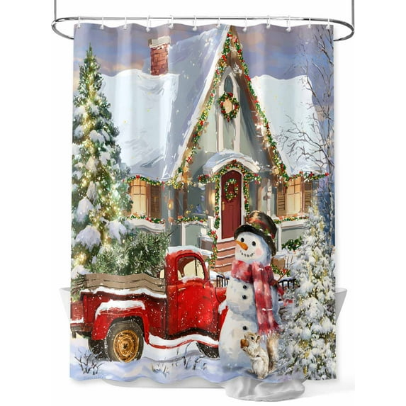 Farmhouse Christmas Standard Shower Curtain Set, Waterproof Shower Curtains for Bathroom, Xmas Tree Truck Snowflake Snowman Washable Fabric Cloth Bath Curtain for Bathtub with Hooks 72x72 Inches
