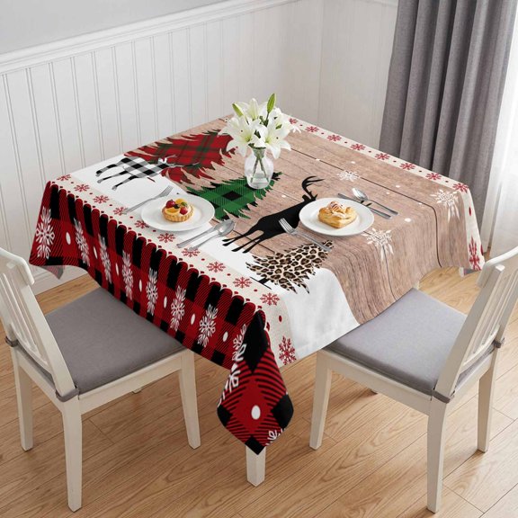 Farmhouse Christmas, Table Cloth Waterproof Tablecloths, Winter Reindeer Plaid Tree Snowflake Tablecloth Dining Table Cover for Kitchen Party Tabletop Outdoor, Square Tablecloth 54x54 Inch