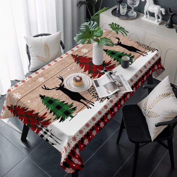 Farmhouse Christmas, Table Cloth Waterproof Tablecloths, Winter Reindeer Plaid Tree Snowflake Tablecloth Dining Table Cover for Kitchen Party Tabletop Outdoor, Rectangle Tablecloth 54x108 Inch