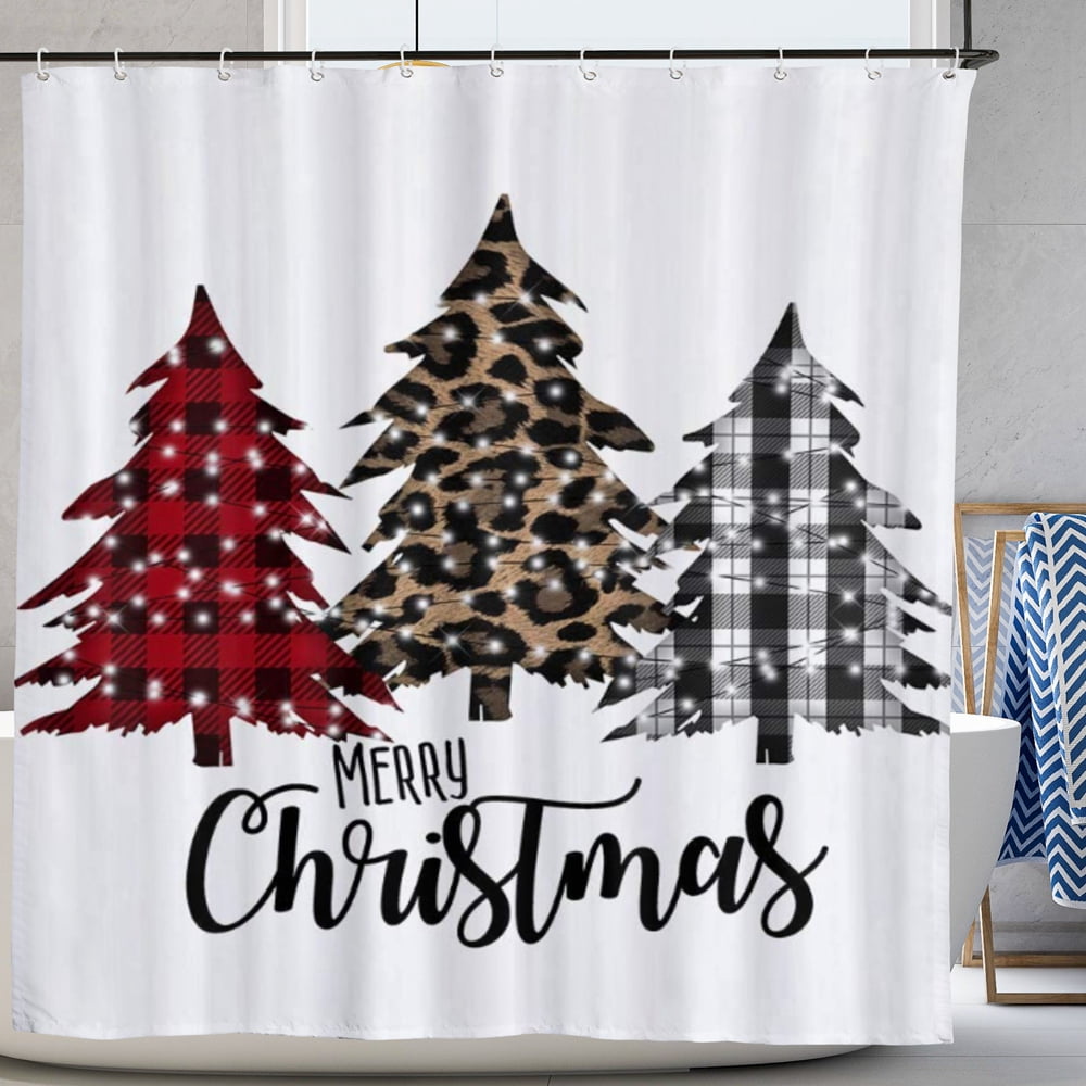 Farmhouse Christmas Trees Shower Curtain Buffalo Check Plaids Bathroom