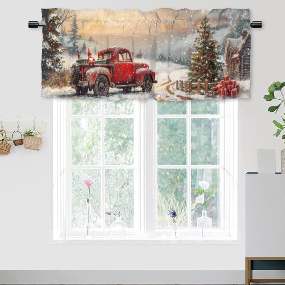 Farmhouse Christmas Valance Rod Pocket Window Curtain for Kitchen Red Truck Rustic Farm Barn Pine Tree Forest Snowflake Winter Window Treatment for Living Room Bedroom Bathroom 54 by 18 in, 1 Panel