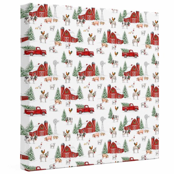 Farmhouse Christmas Wall Art for Living Room Bedroom, Canvas Art Prints Paintings, Country Red Barn Pine Trees Wooden Framed Artwork Pictures Home Wall Decor 8x8 In